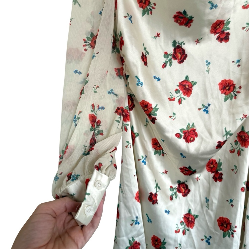 WeWoreWhat Dress 6 White Red Long Sleeve Roses Floral Puff Sleeve Cowl - Picture 6 of 14